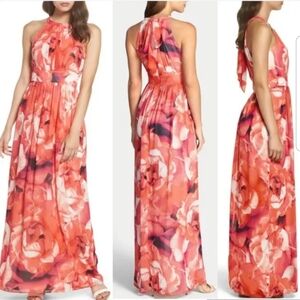 Eliza J Coral Maxi Dress Chiffon Floral Dress Gown Wedding Halter Formal Dress